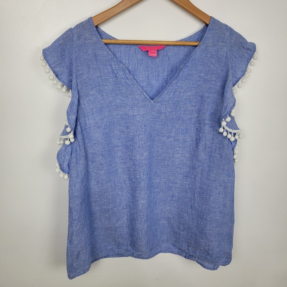 Lilly Pulitzer Top Small Astara Linen Pom Pom Blue Women's Casual Summer Size M‎